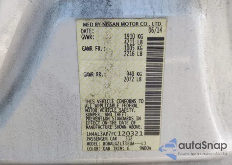 2015 Nissan Altima 2.5 S из США, поврежденный, VIN 1N4AL3AP7FC120321